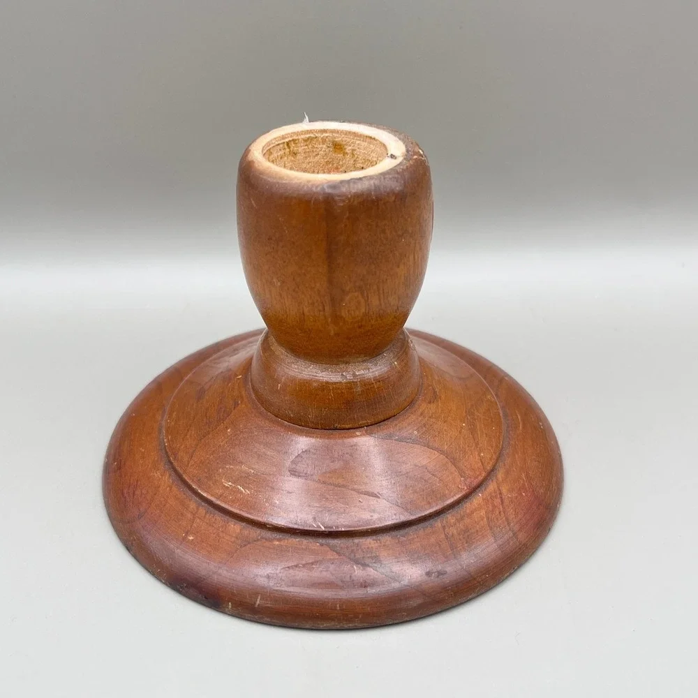 Vtg Cherry Wood Candlestick Holder Signed Woodcraftery Heirloom Turned 3